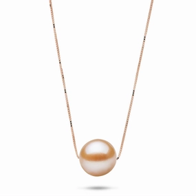 Premium Shine Gloss Shine 16-18" Adjustable Peach Freshwater Pearl Necklace in Rose Gold - 9-10mm