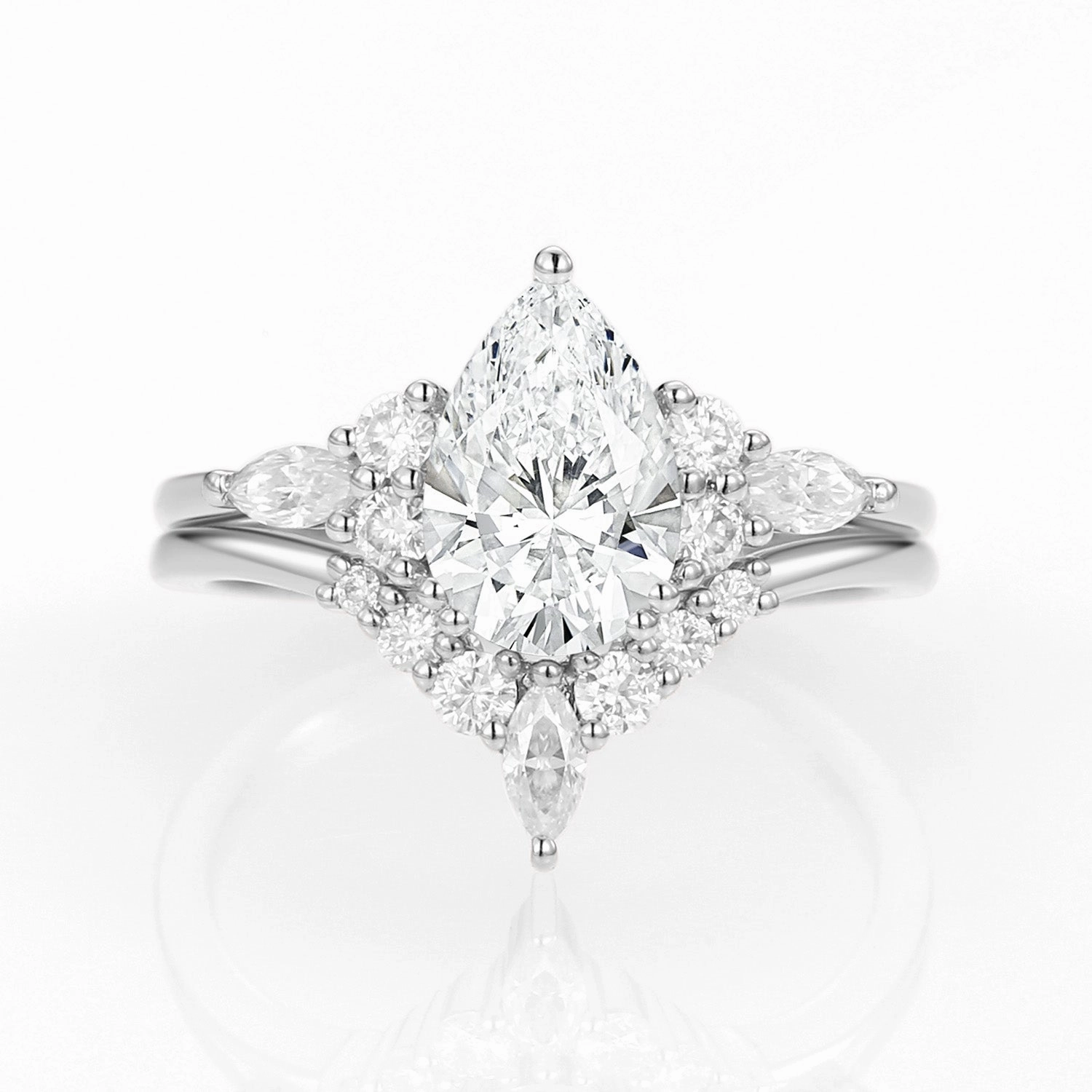Modern Pear Cut Lab Grown Diamond Engagement Ring Set 2pcs Stock Item