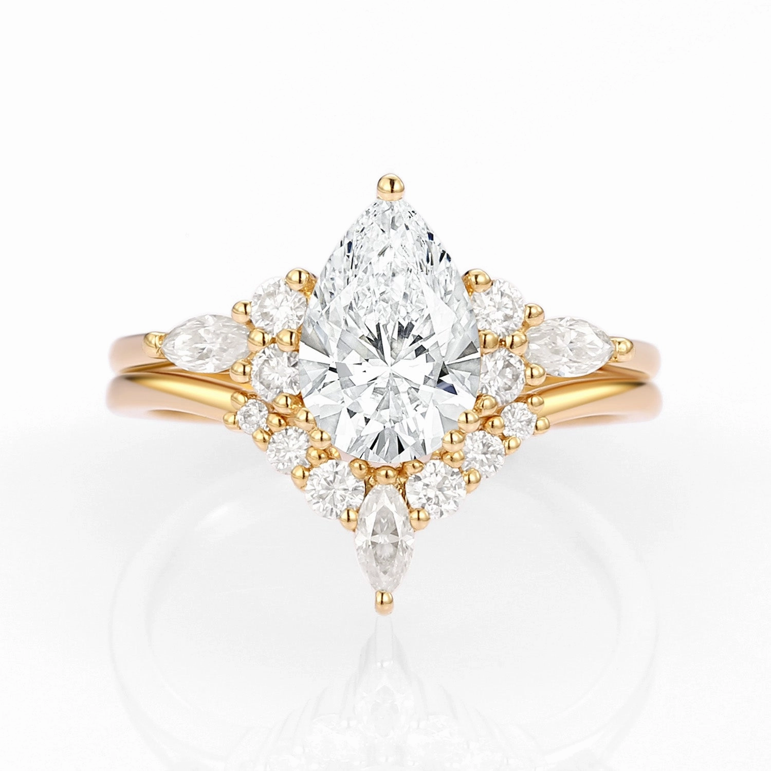 Modern Pear Cut Lab Grown Diamond Engagement Ring Set 2pcs Dreamy Gift Geometric Art