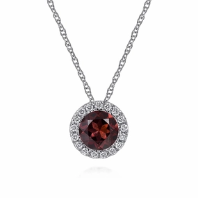 Refined Gifts Sculpted Detail 14K White Gold Garnet and Diamond Halo Pendant Necklace