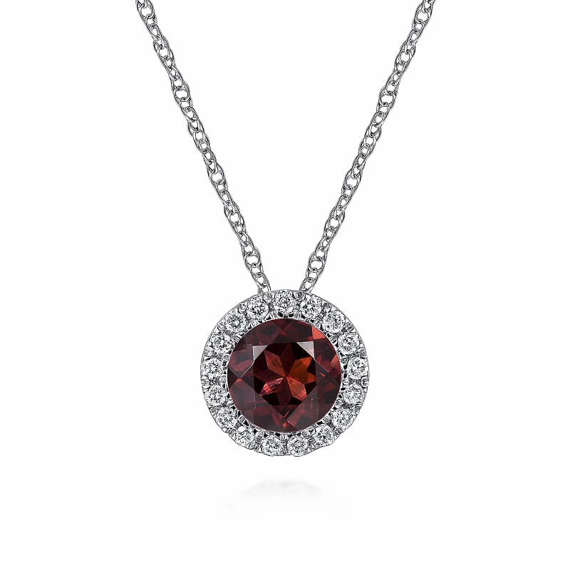Refined Gifts Sculpted Detail 14K White Gold Garnet and Diamond Halo Pendant Necklace