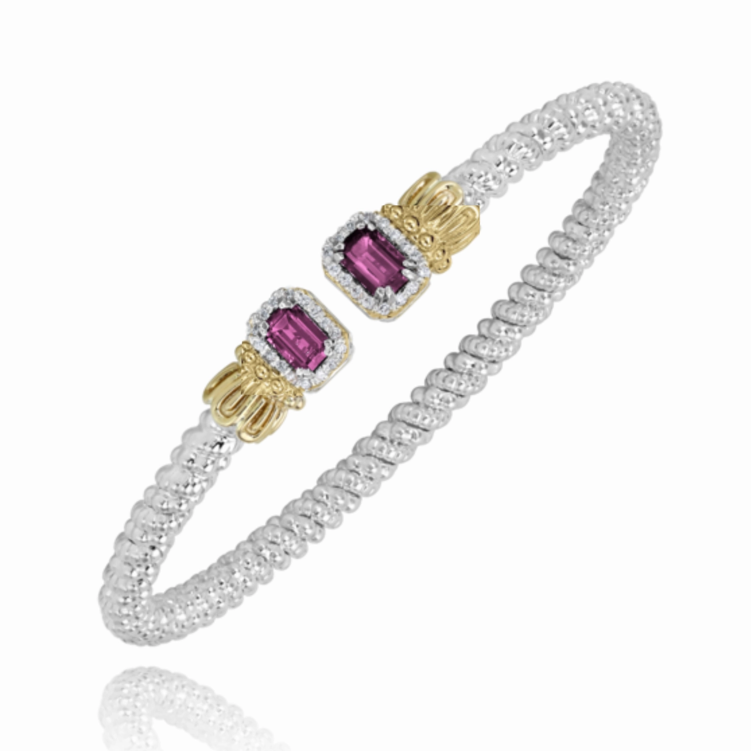 14K Yellow Gold and Sterling Silver Diamond Rhodalite Garnet Bangle Bracelet Effortless Accent Cool Finish