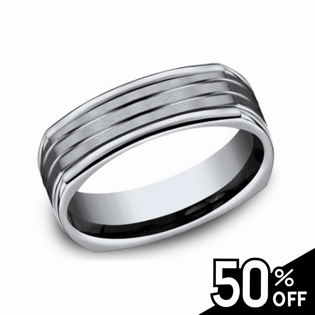 Brushed Grooved Center Square Titanium Ring with Polished Edges Polished Appearance