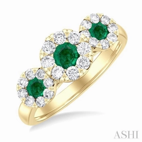 3.8 MM & 3 MM Emerald and 5/8 Ctw Round Cut Diamond Precious Lovebright Past, Present and Future Ring in 14K Yellow Gold Hypoallergenic product Shimmer Look