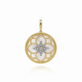 Elegant Outfit 14K Yellow Gold 32mm Bujukan Diamond and Mother of Pearl Medallion Pendant