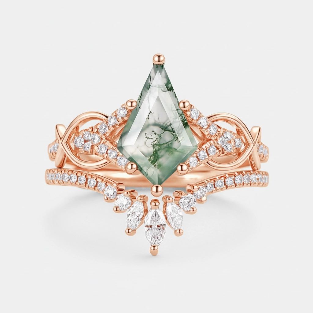 Kite Cut Moss Agate Antique Engagement Ring Set 2pcs Designer Label Delicate Mark