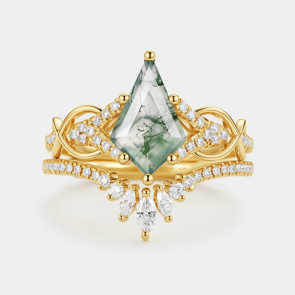 Kite Cut Moss Agate Antique Engagement Ring Set 2pcs Chic Sparkle Weekend Glam