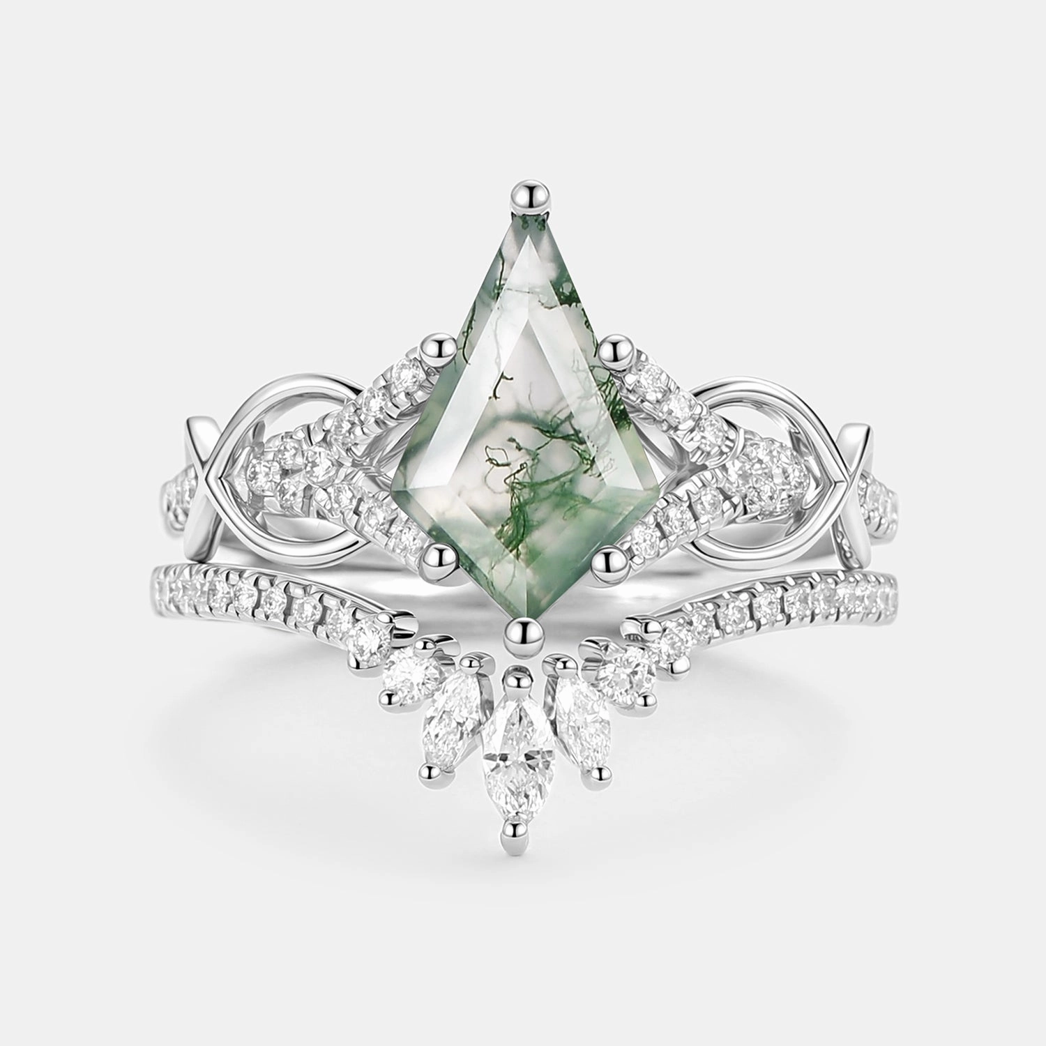 Kite Cut Moss Agate Antique Engagement Ring Set 2pcs Graceful Present