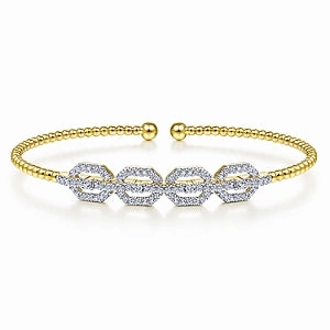 14K Yellow Gold Bujukan Bead Cuff Bracelet with Diamond Pave Links Shiny Texture Subtle Finish
