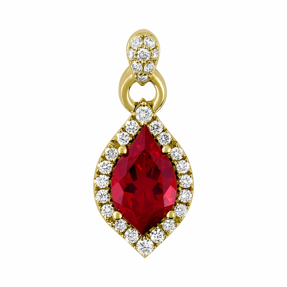 14K yellow gold pendant featuring a Chatham lab grown ruby in their exclusive flame cut with lab grown diamond accents. Refined Pieces Luxury Jewelry