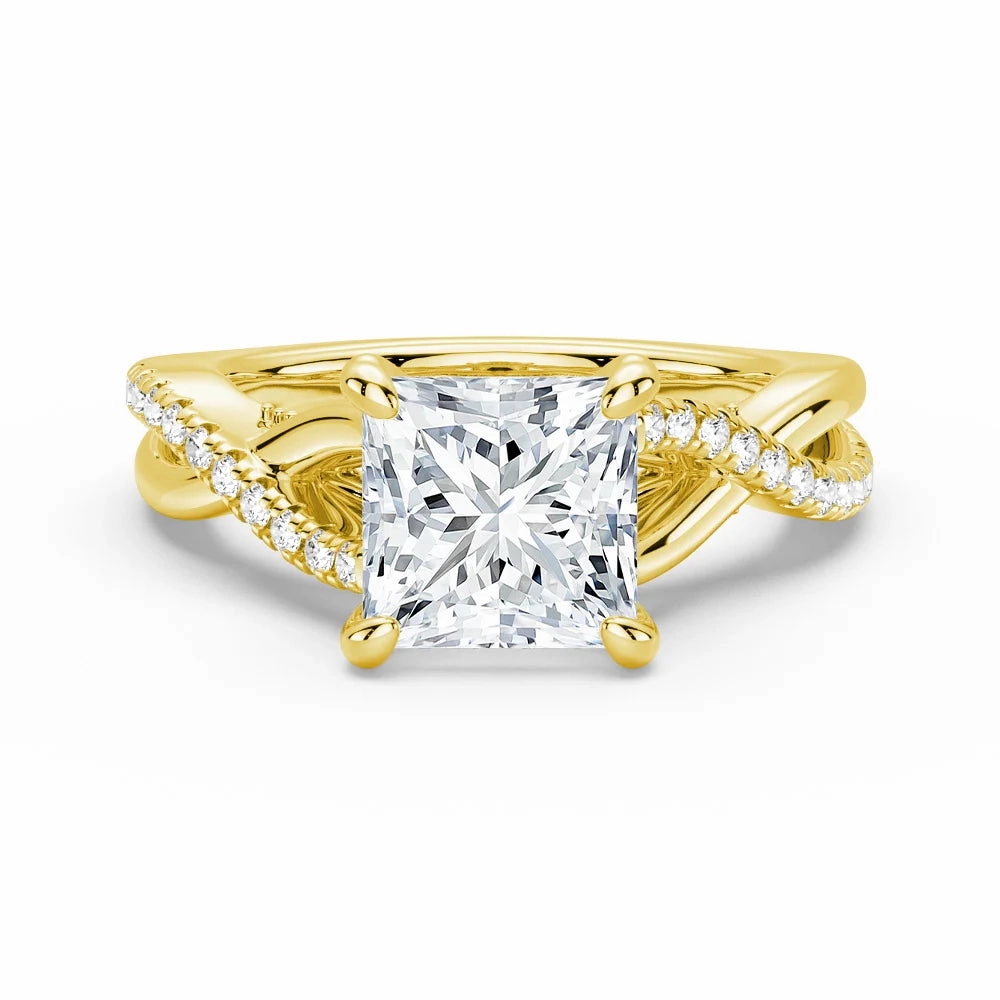 Princess Cut Moissanite Twisted Band Engagement Ring with Hidden Accents Cool Texture