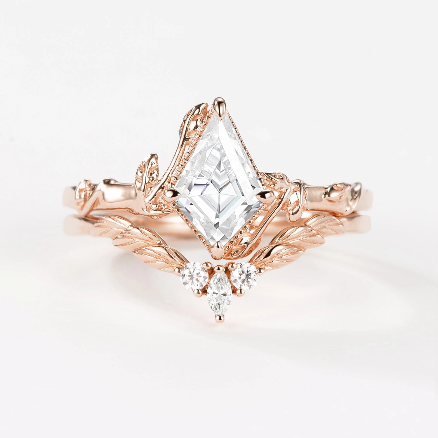 Moissanite Leafy Inspired Engagement Ring Sets 2pcs Gleaming Shine