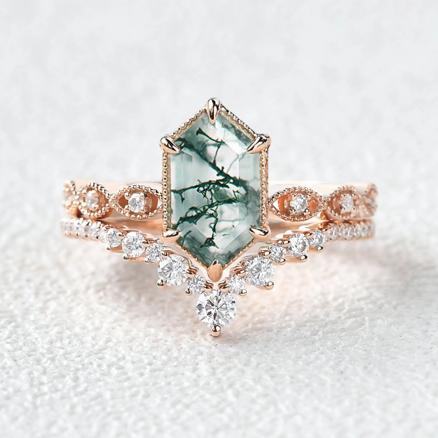 Classic Simplicity Victorian Vintage Long Hexagon Moss Agate Ring Set 2pcs