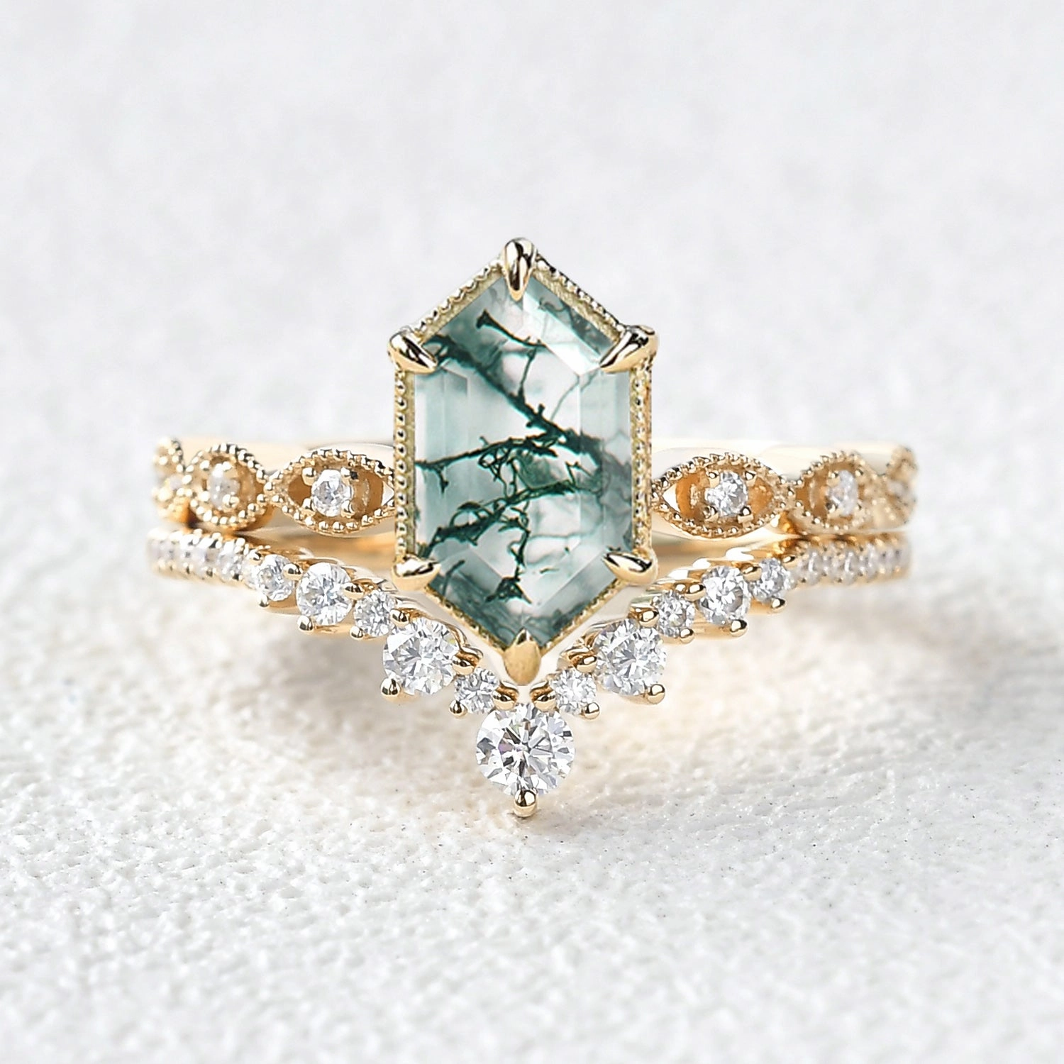 Cool Accent Victorian Vintage Long Hexagon Moss Agate Ring Set 2pcs