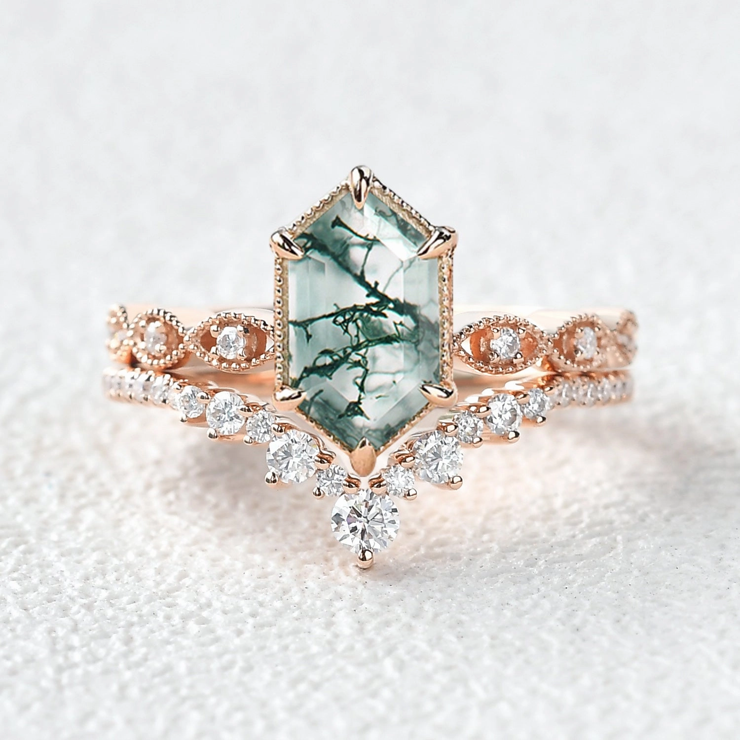 Victorian Vintage Long Hexagon Moss Agate Ring Set 2pcs Sparkling Expression Value Pack