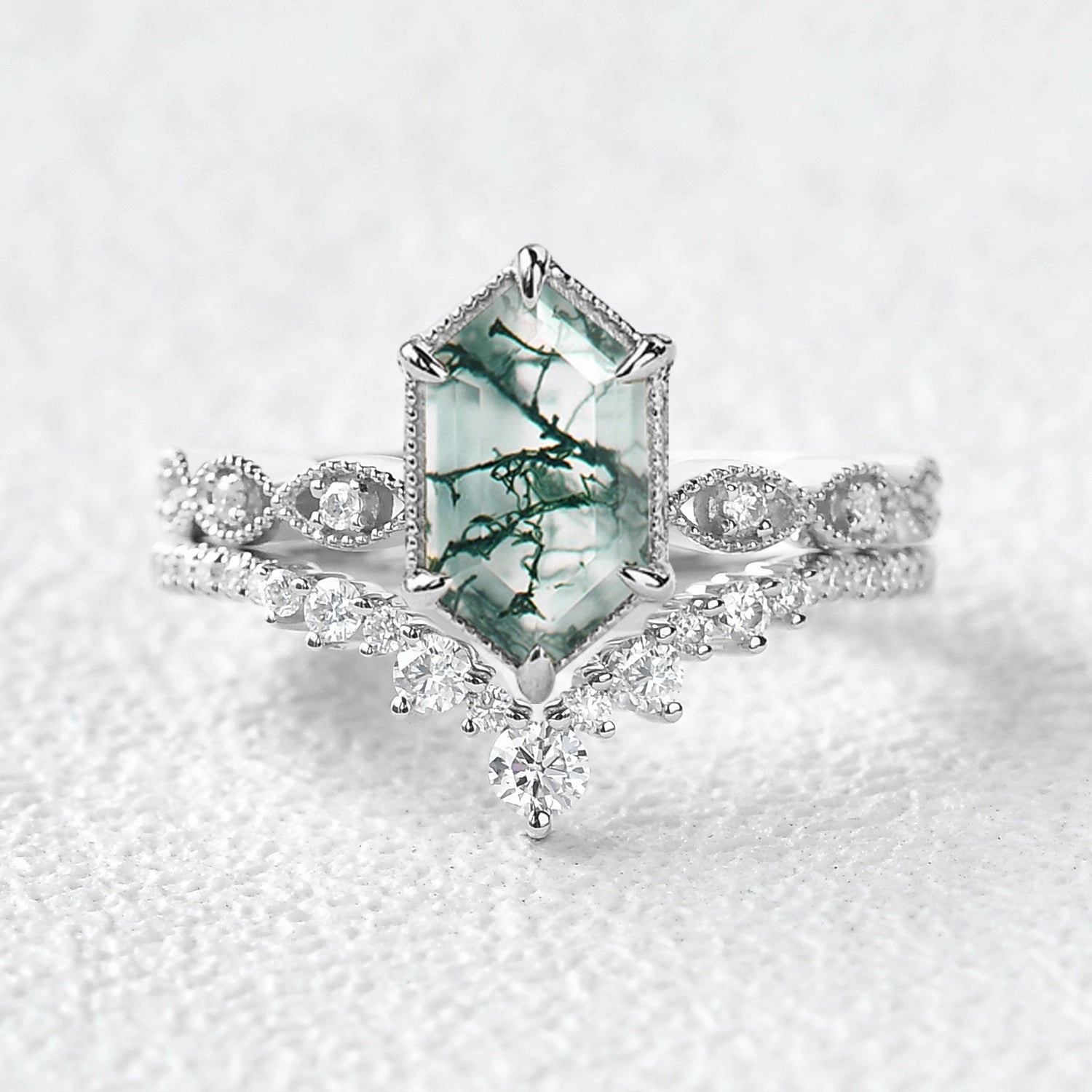 Pure Feature Radiant Jewelry Look Victorian Vintage Long Hexagon Moss Agate Ring Set 2pcs