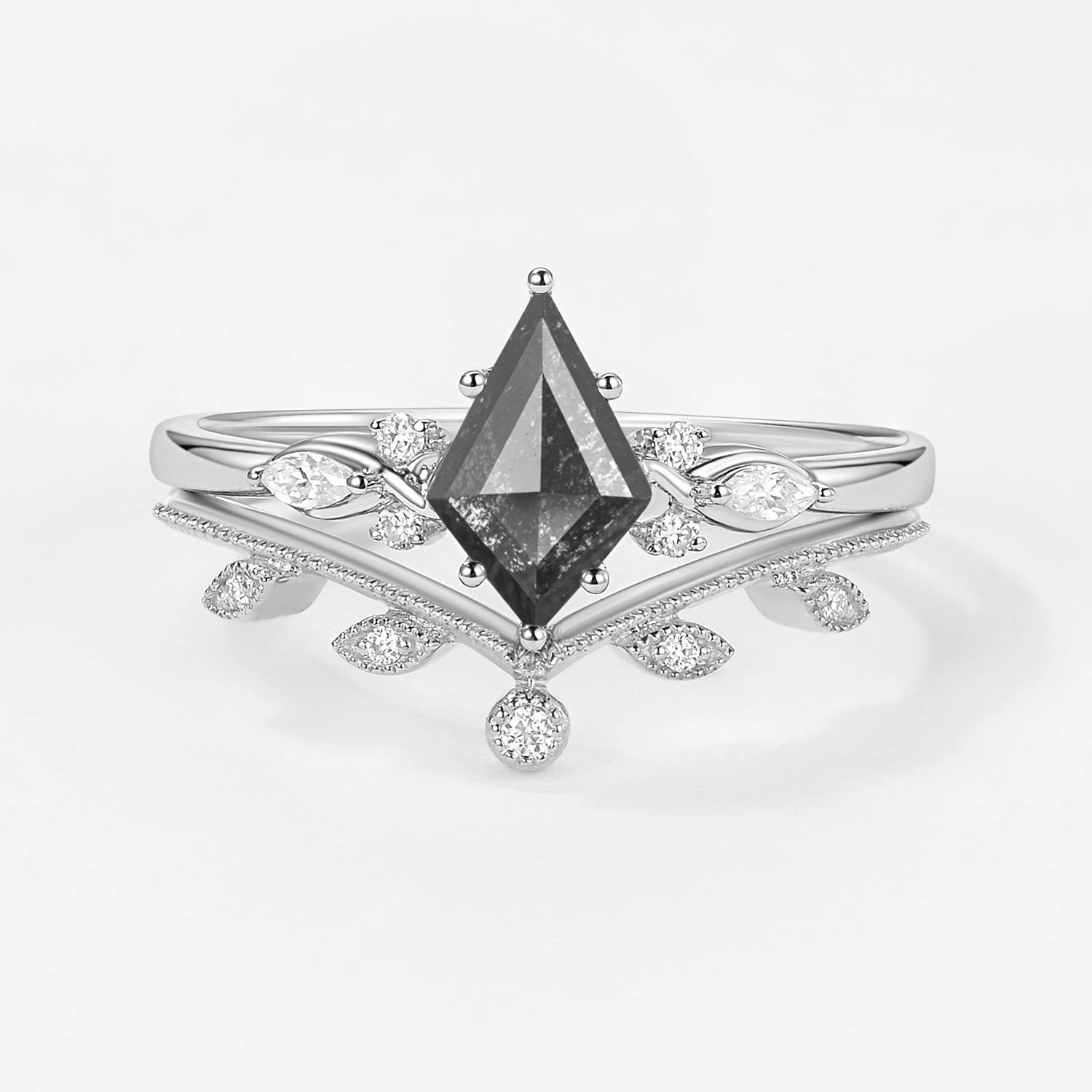 Kite Cut Salt & Pepper Diamonds Leafy Engagement Ring Set 2pcs Ornate Design