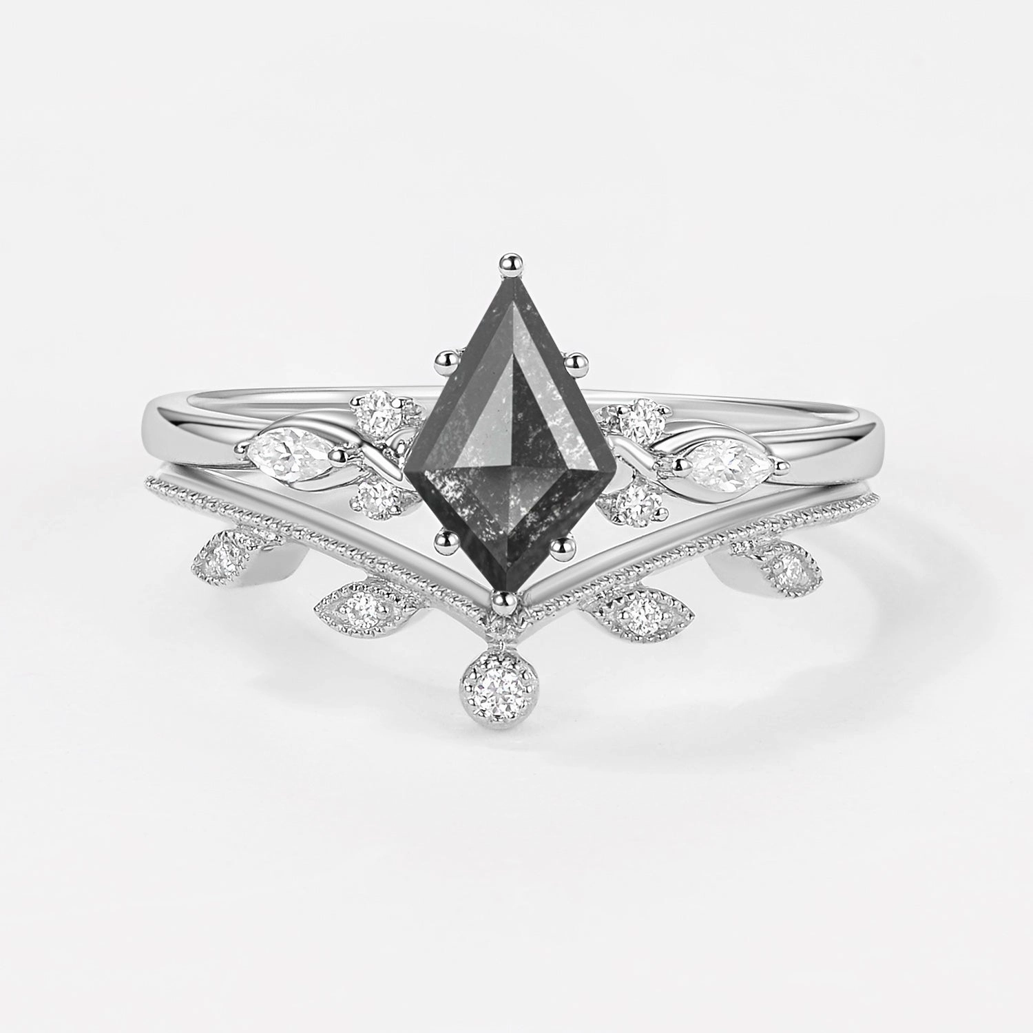 Kite Cut Salt & Pepper Diamonds Leafy Engagement Ring Set 2pcs Festive Look