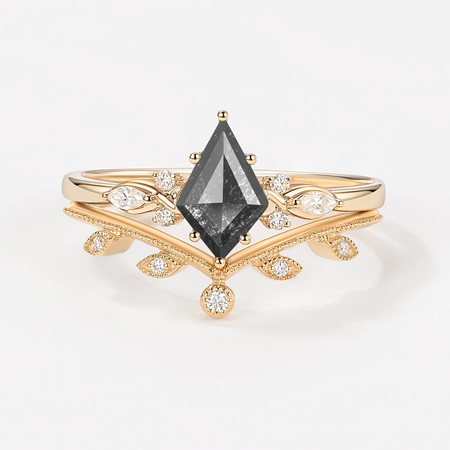 Kite Cut Salt & Pepper Diamonds Leafy Engagement Ring Set 2pcs Handcrafted Design