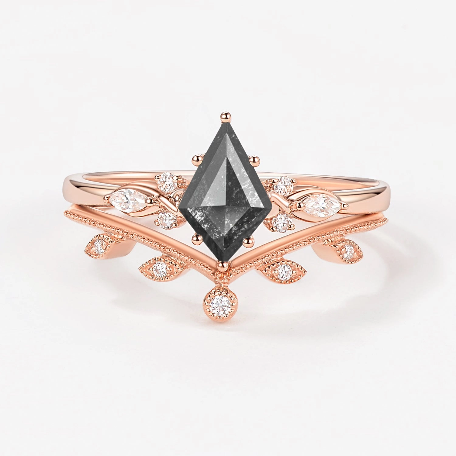 Kite Cut Salt & Pepper Diamonds Leafy Engagement Ring Set 2pcs All Style