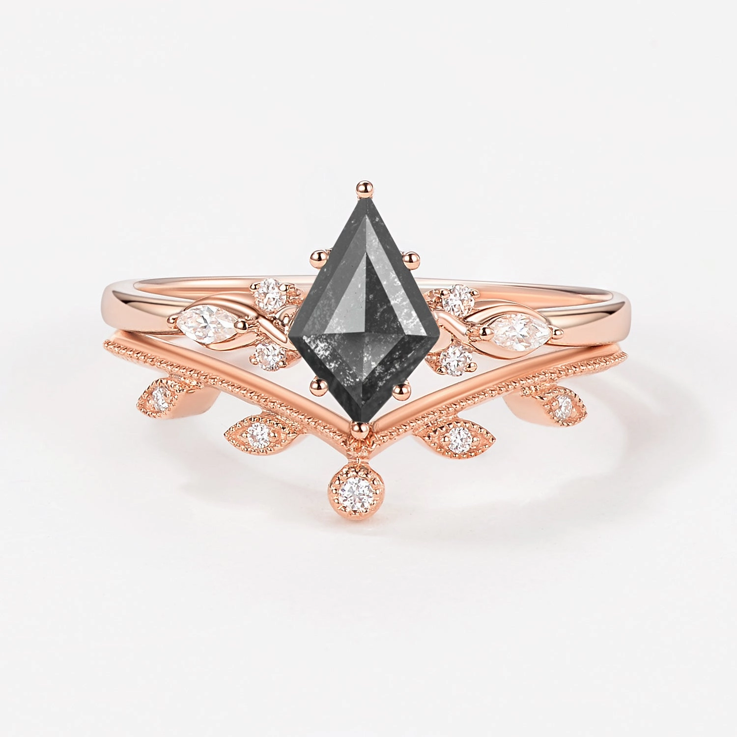 Kite Cut Salt & Pepper Diamonds Leafy Engagement Ring Set 2pcs Acid Proof