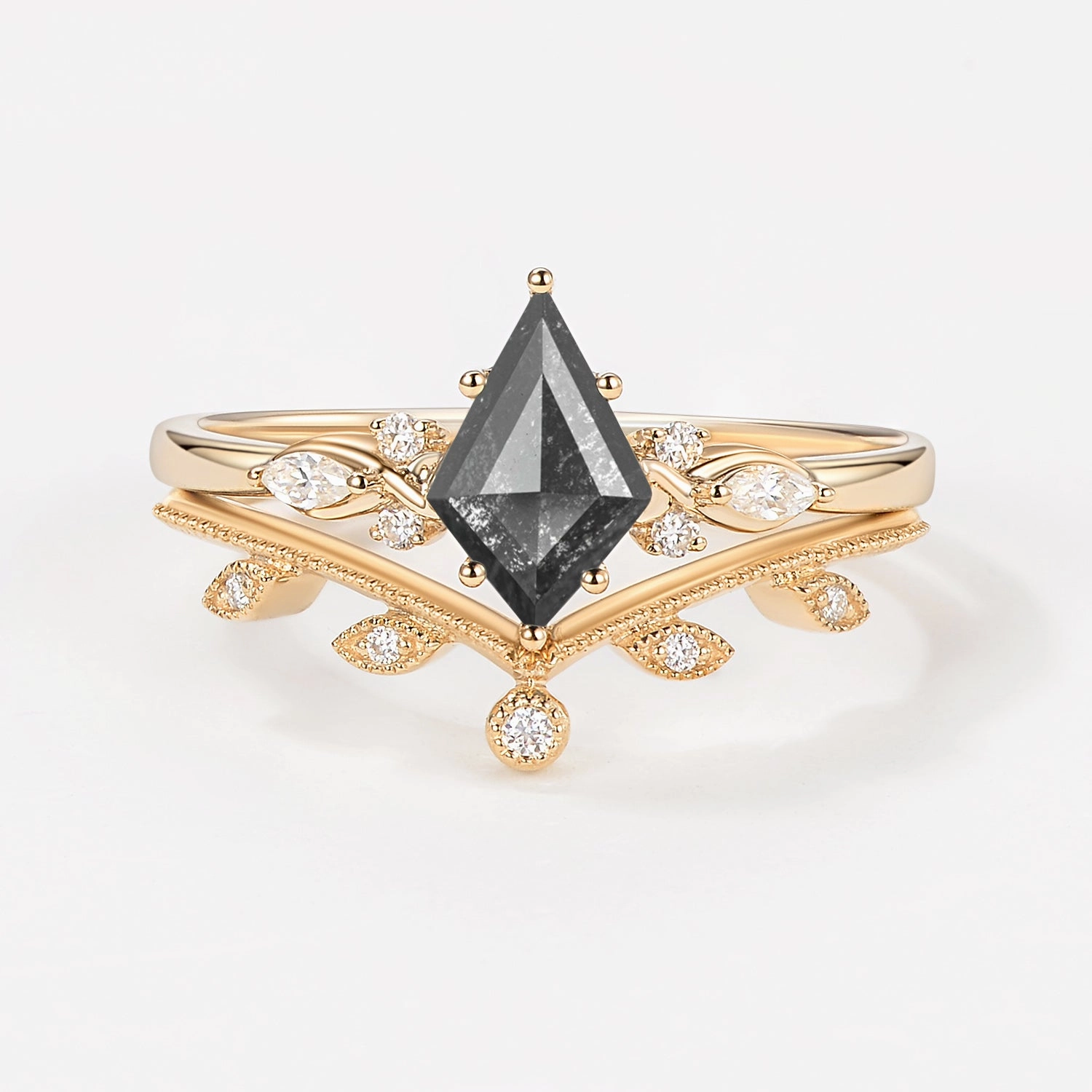 Kite Cut Salt & Pepper Diamonds Leafy Engagement Ring Set 2pcs Colorful Glow