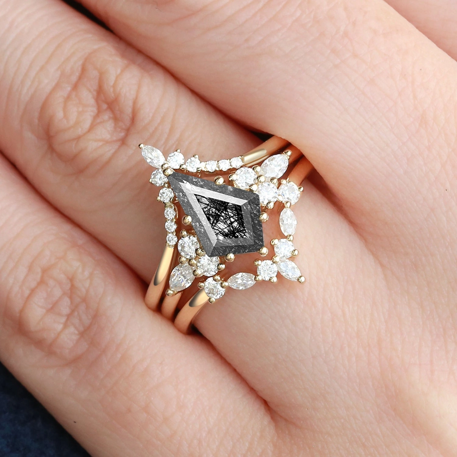 Elegant Look Delicate Article Kite Cut Black Rutilated Quartz Engagement Ring Set 3pcs