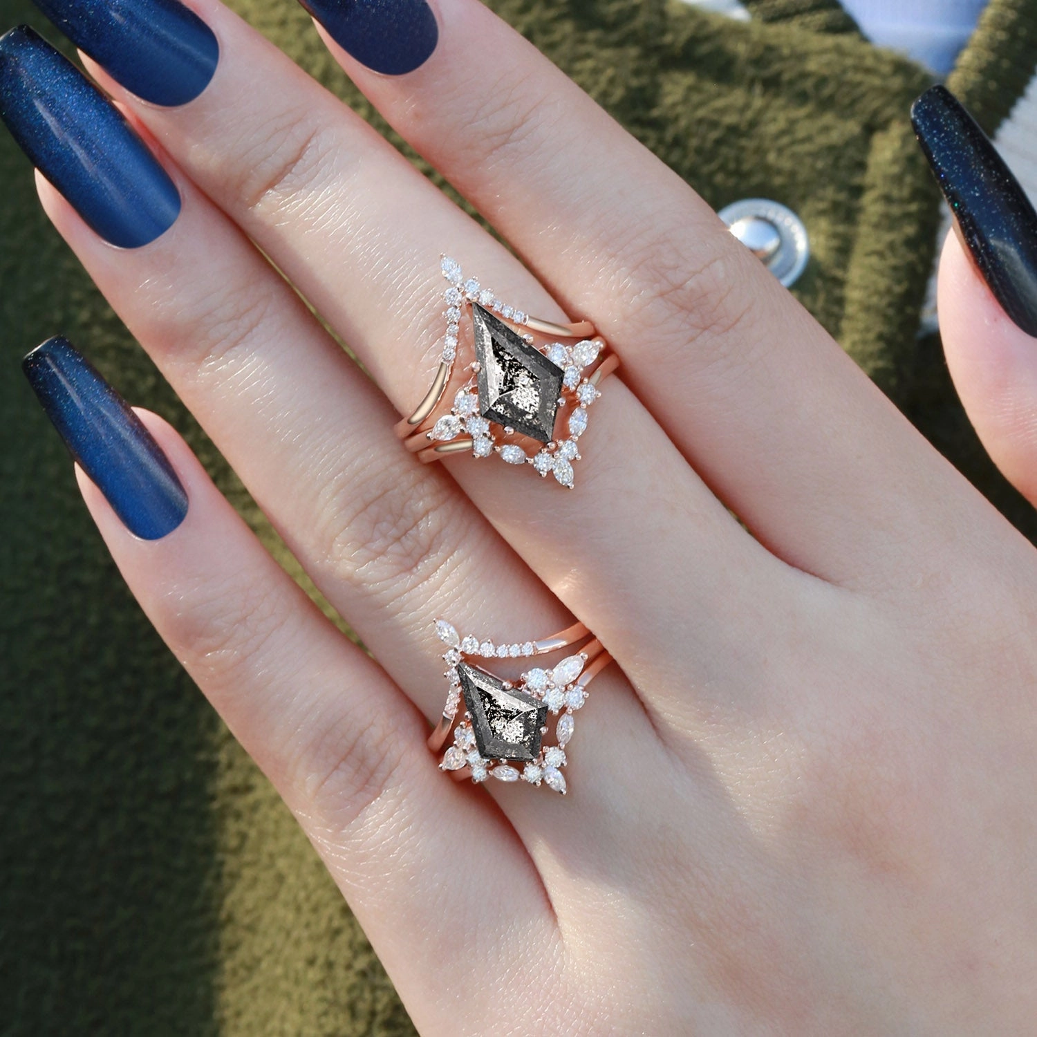 Affordable Trinket Brilliant Style Kite Cut Black Rutilated Quartz Engagement Ring Set 3pcs