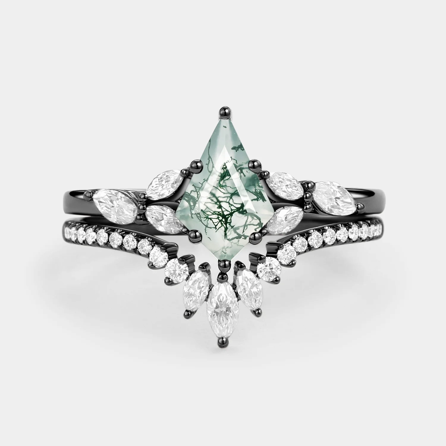 Kite Cut Moss Agate Black Gold Engagement Ring Set 2pcs - July All Time Branded Design
