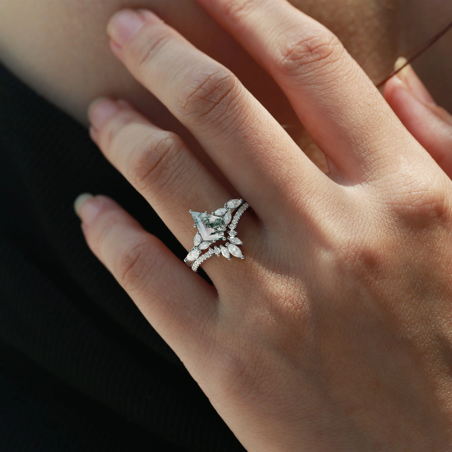 Minimalist Gift Kite Cut Moss Agate Black Gold Engagement Ring Set 2pcs - July