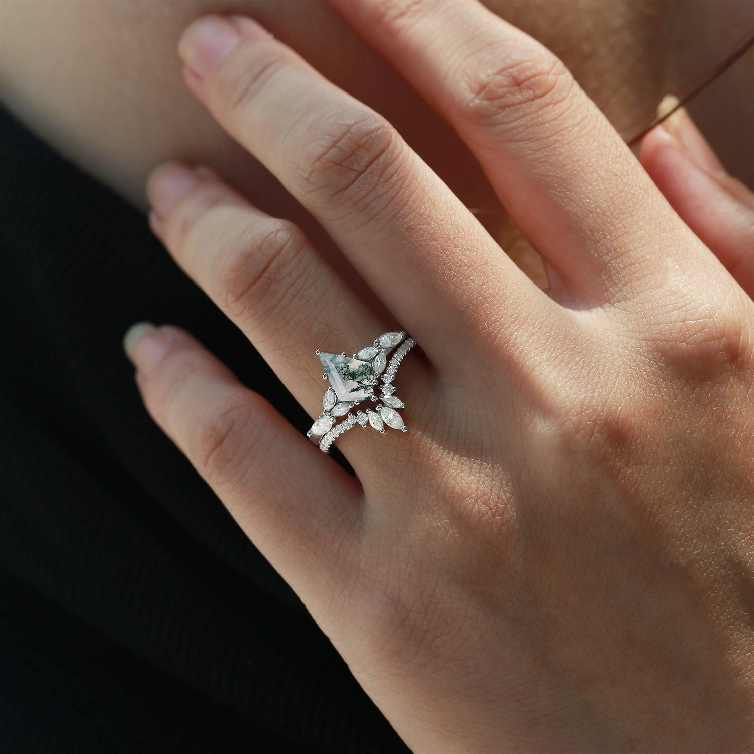 Refined Feature Lightweight Feel Kite Cut Moss Agate Black Gold Engagement Ring Set 2pcs - July