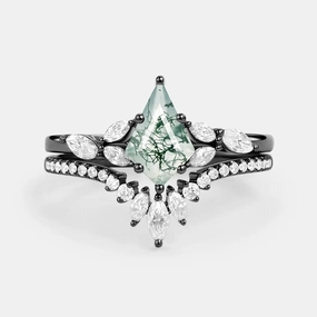 Kite Cut Moss Agate Black Gold Engagement Ring Set 2pcs - July Luxury Flow Artistic Detail