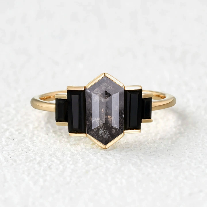 Hexagon Salt and Pepper Diamonds & Black Moissanite Stacking Engagement Ring Glow Ready Boho Mood