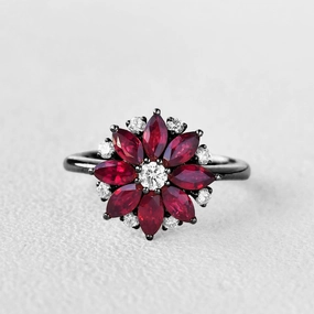 Sleek Appearance Statement Piece Floral Inspired - Black Gold Natural Ruby Ring