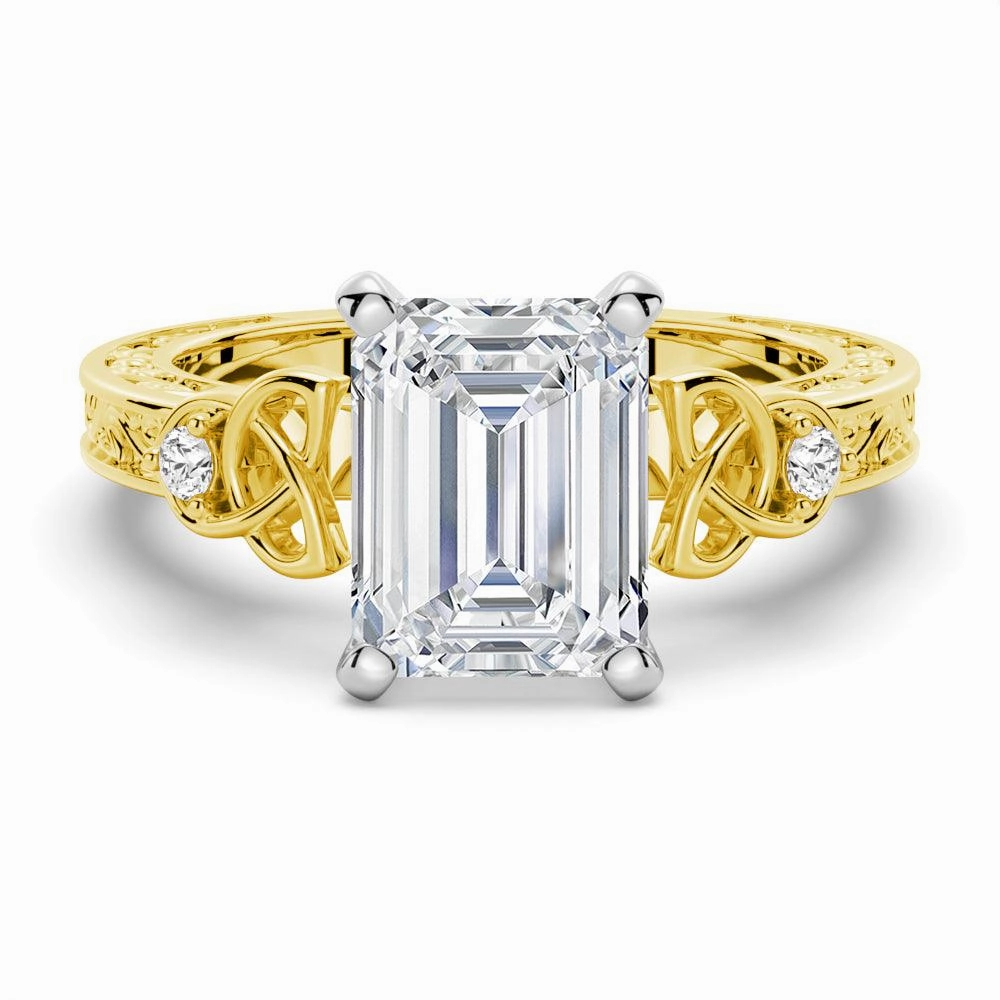 Vintage Celtic Knots Design Emerald Cut Moissanite Engagement Ring Polished Lines Shimmering Highlight