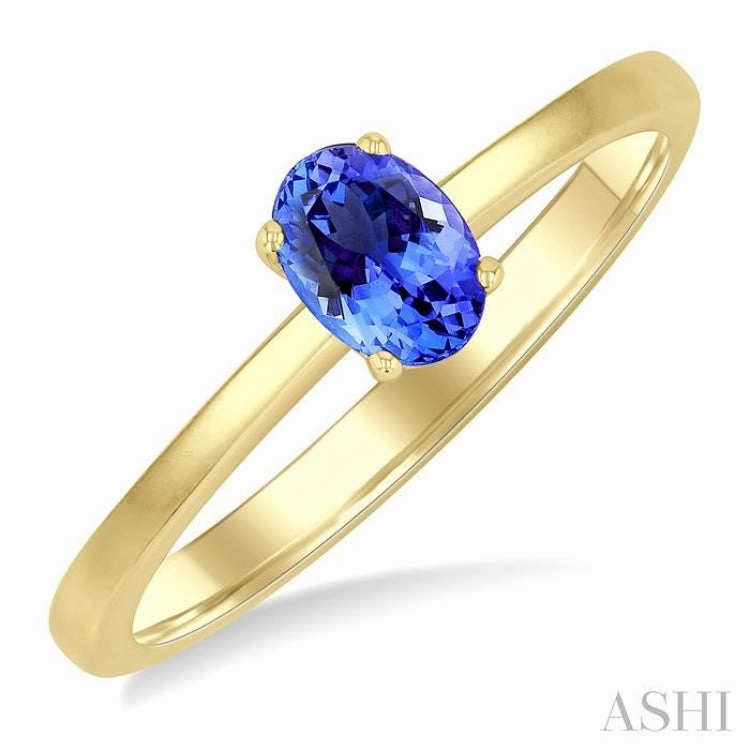6x4 MM Oval Shape Tanzanite Precious Solitaire Ring in 14K Yellow Gold Modern Motion Green product