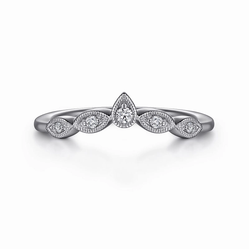 Chic Detail Vintage Inspired 14K White Gold Curved Gold Diamond Anniversary Band