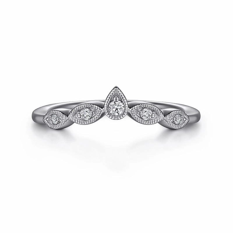 Vintage Inspired 14K White Gold Curved Gold Diamond Anniversary Band Evening Detail Evening Appeal