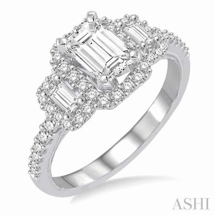 1 Ctw Baguette and Round Cut Diamond Ladies Engagement Ring with 1/2 Ct Emerald Cut Center Stone in 14K White Gold Economical Jewelry
