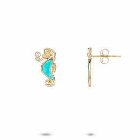 Shiny look Sleek Detail Sealife Seahorse Turquoise Earrings in Gold with Diamonds - 15mm