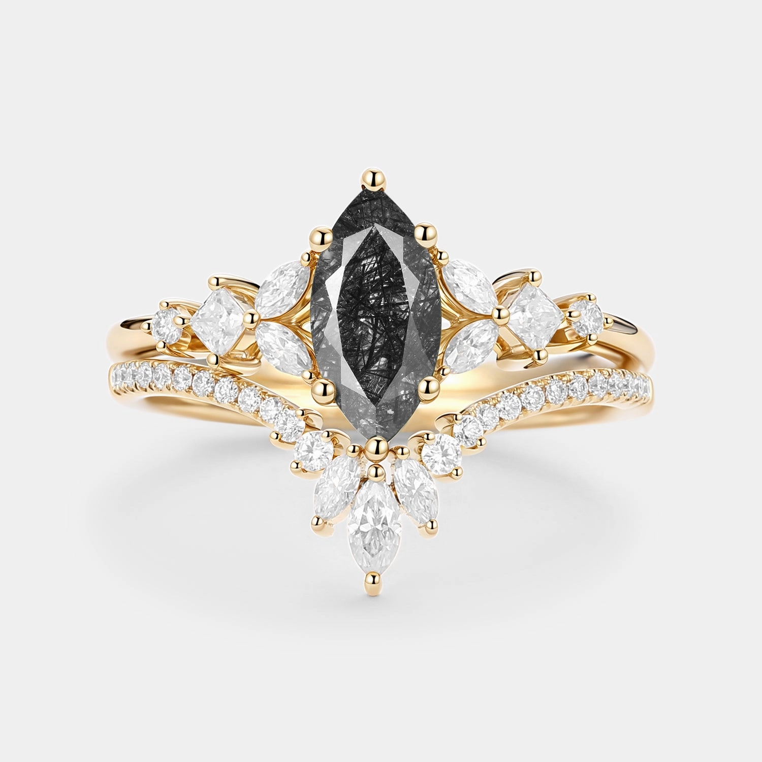 Classic Appeal Black Rutilated Quartz Cluster Vintage Marquise Engagement Ring Set 2pcs - Lumenis