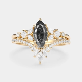 Superior Design Premium accessory Black Rutilated Quartz Cluster Vintage Marquise Engagement Ring Set 2pcs - Lumenis