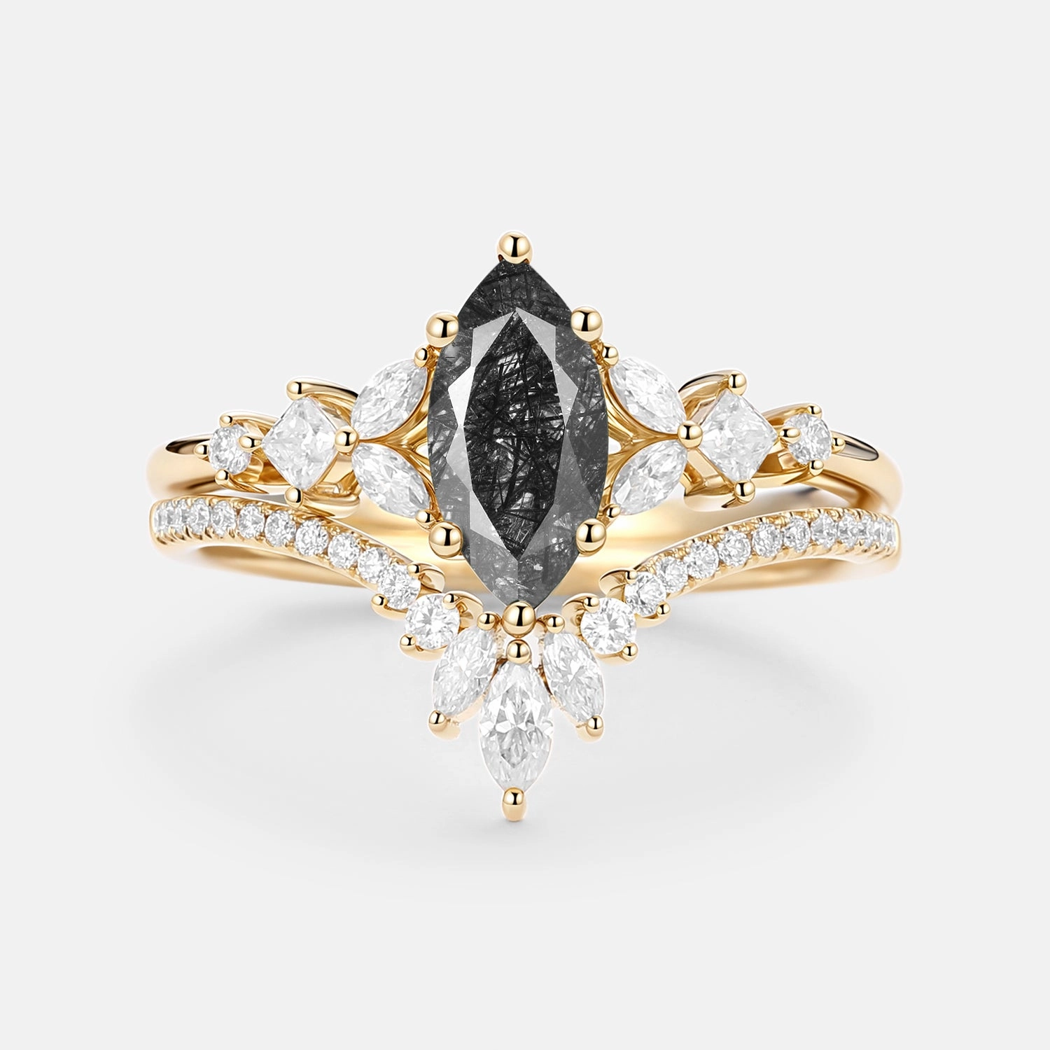 Black Rutilated Quartz Cluster Vintage Marquise Engagement Ring Set 2pcs - Lumenis Alkali resistant