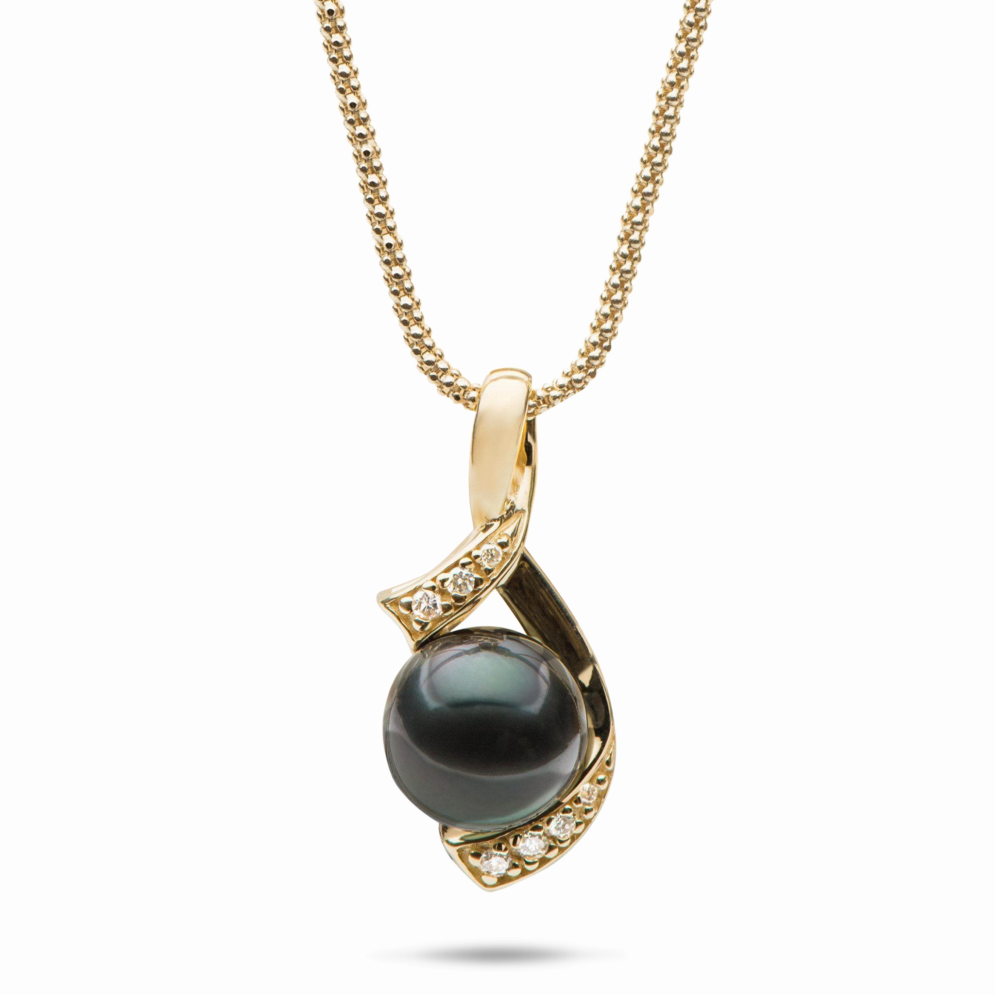 18" Tahitian Black Pearl Pendant Necklace in Gold with Diamonds - 10-11mm Contemporary Form Crisp Style