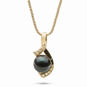 18" Tahitian Black Pearl Pendant Necklace in Gold with Diamonds - 10-11mm Birthday Style