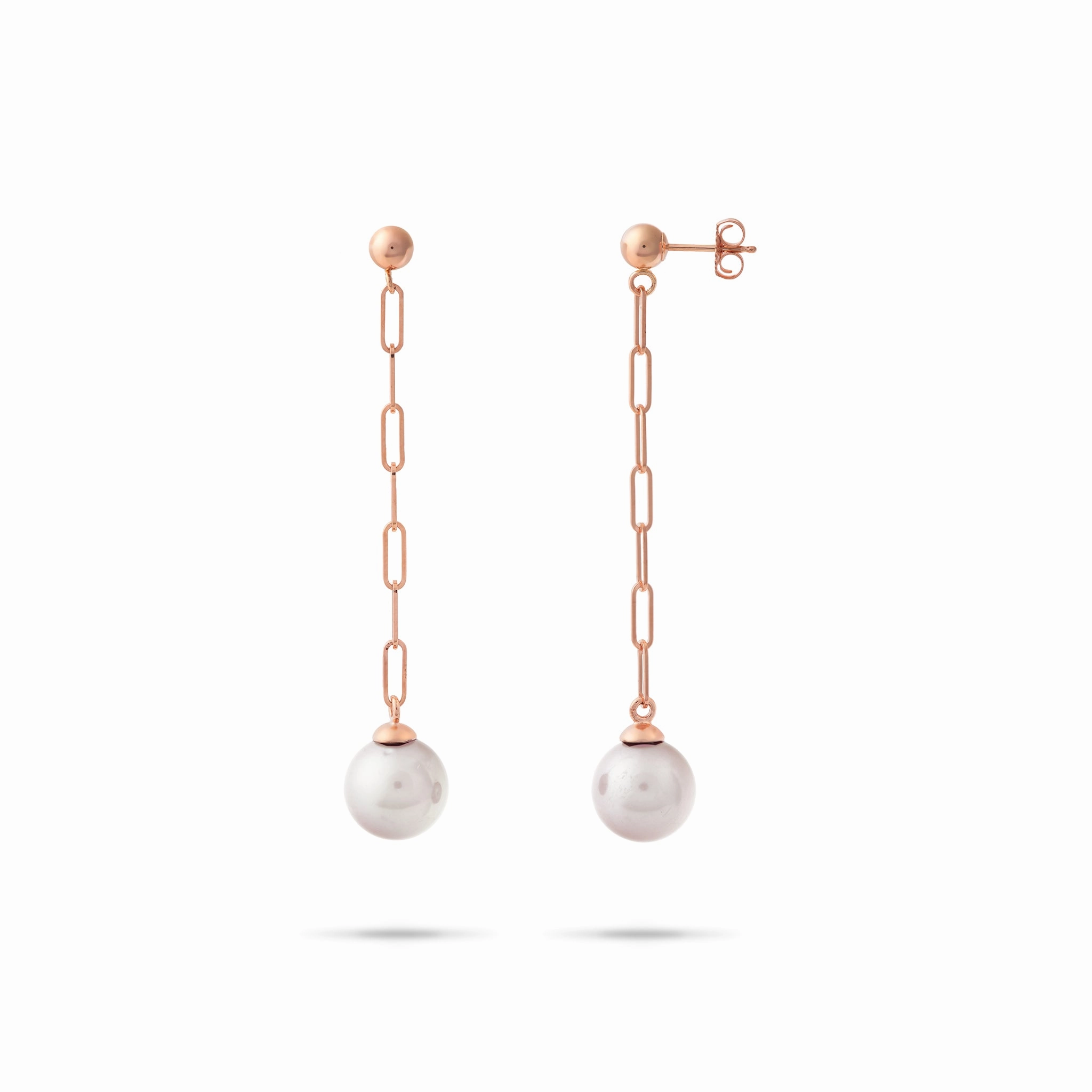 Akoya White Pearl Paperclip Chain Earrings in Rose Gold - 8mm Creative Twist