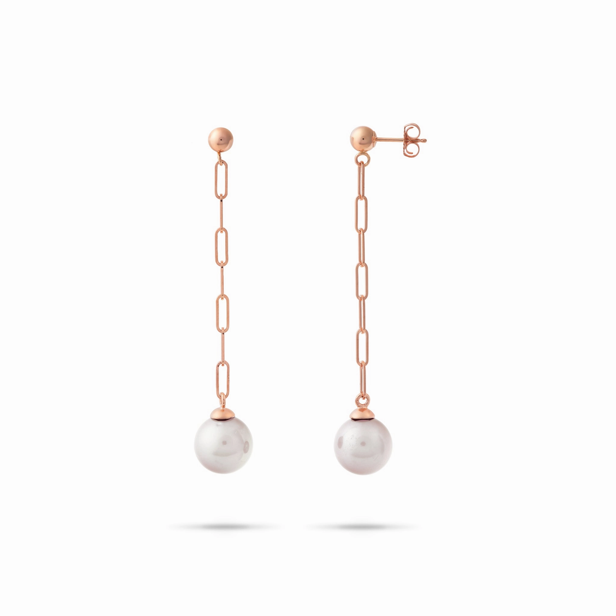 Fresh Sparkle Akoya White Pearl Paperclip Chain Earrings in Rose Gold - 8mm