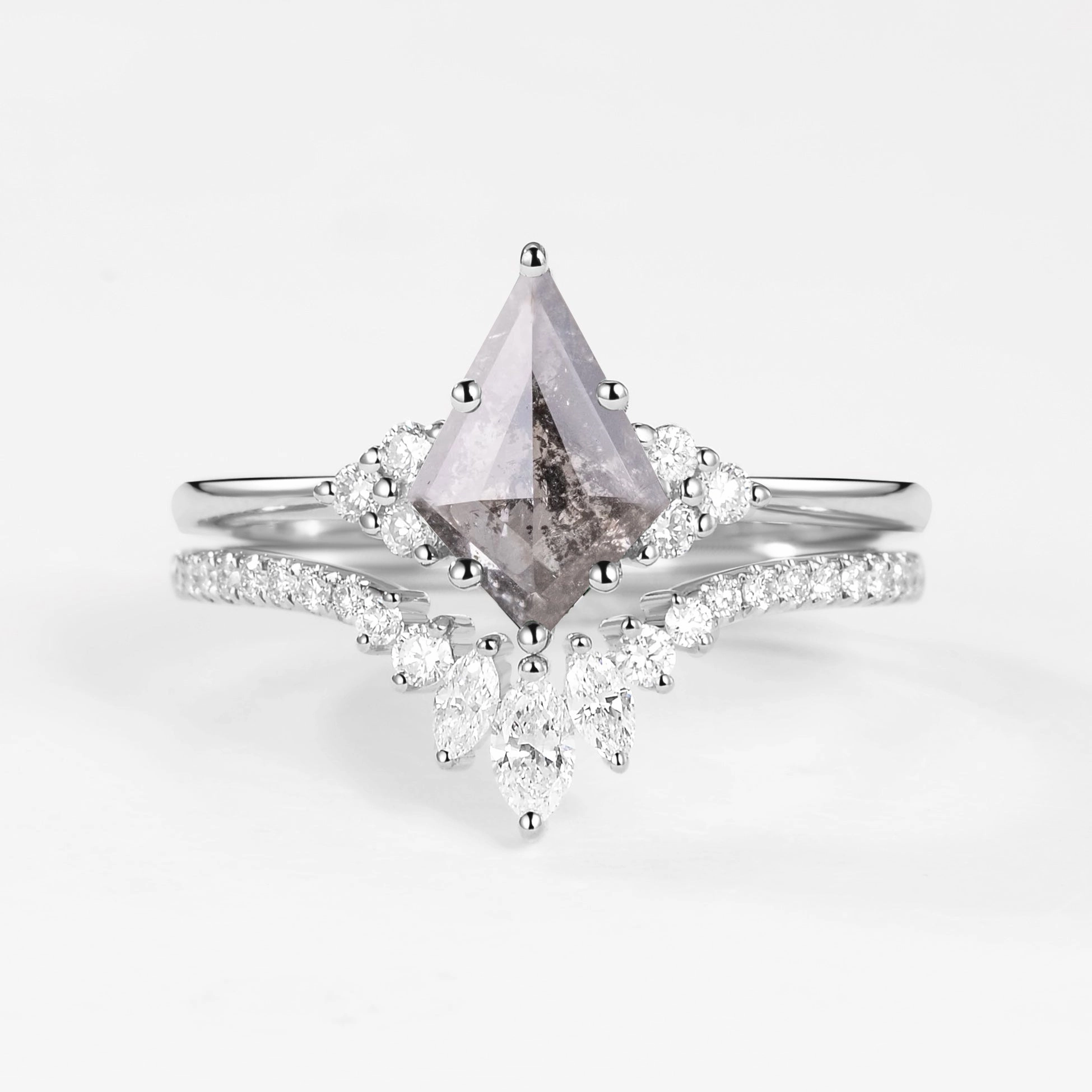 Salt and Pepper Diamonds Engagement Ring Sets 2pcs - Lydia Formal Look Soft Shadow