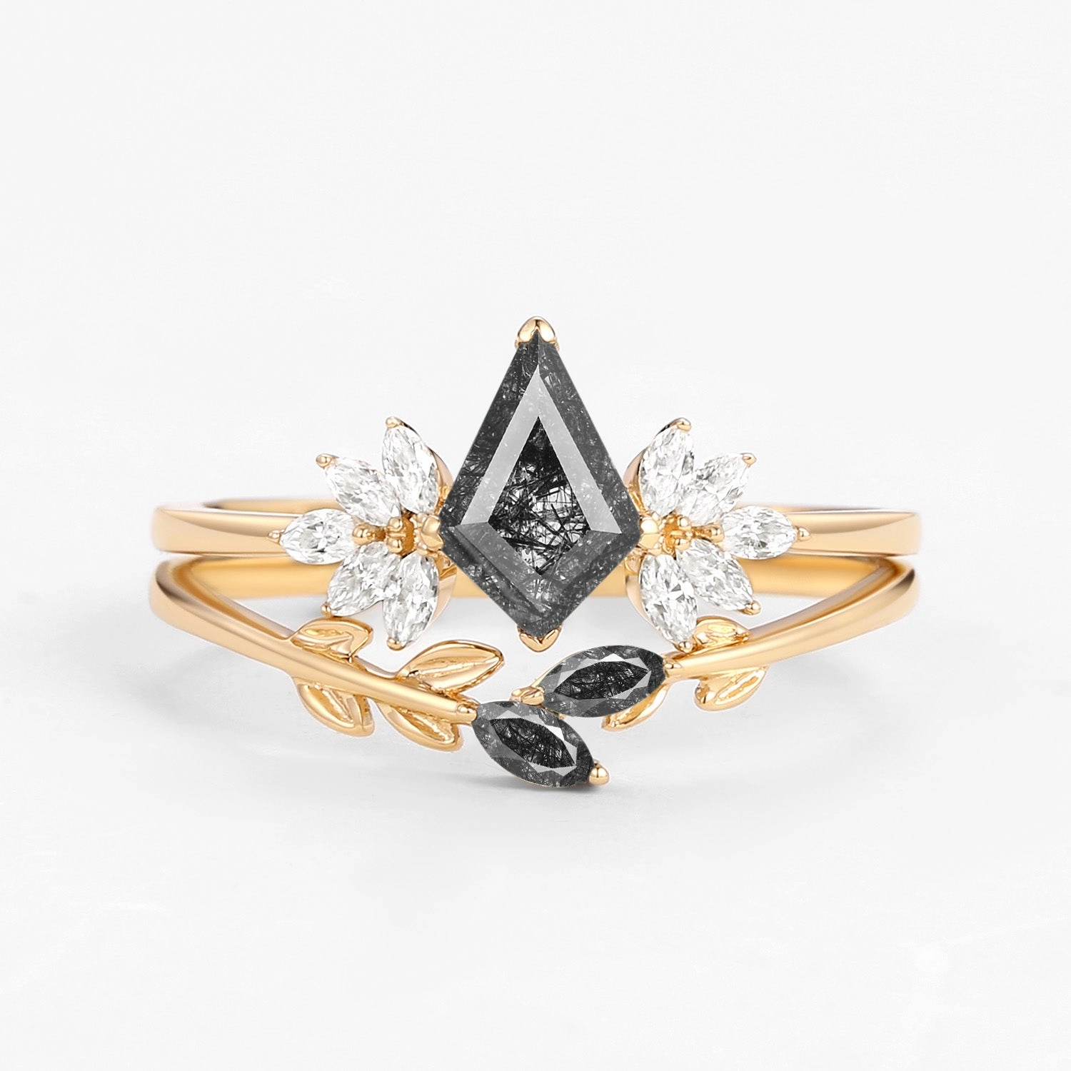 Statement Touch Romantic Gift Fairy Ring - Black Rutilated Quartz Leafy Engagement Ring Set 2pcs - Amayah