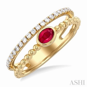 4x3 MM Oval Shape Ruby and 1/5 Ctw Single Cut Diamonds Precious Fashion Split Twin Ring in 10K Yellow Gold Timeless Grace